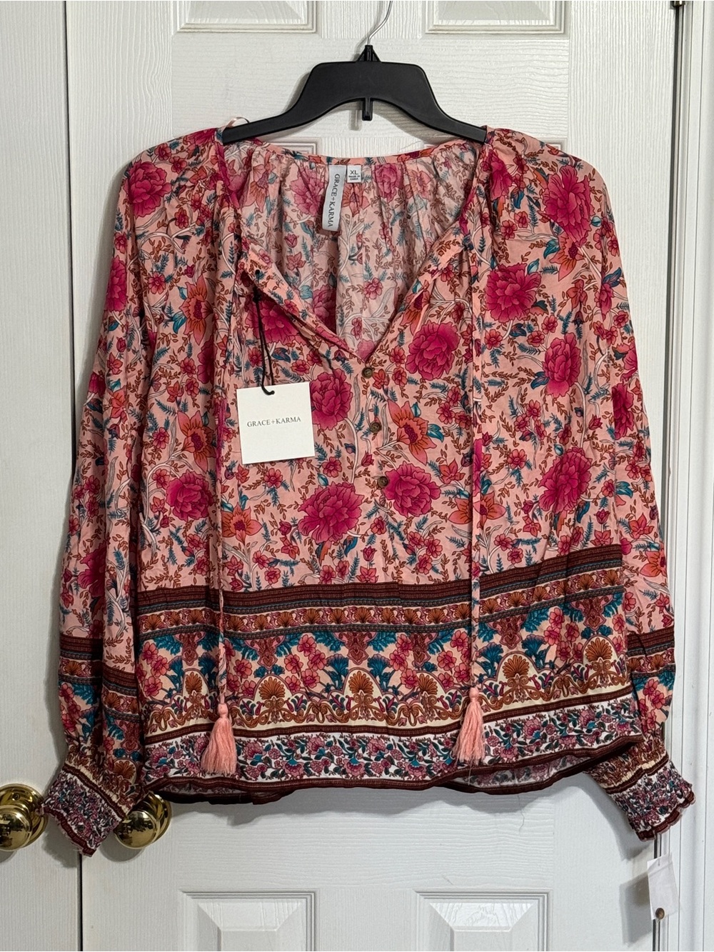 Grace & Karma Pink Floral Tie-Front Boho Blouse